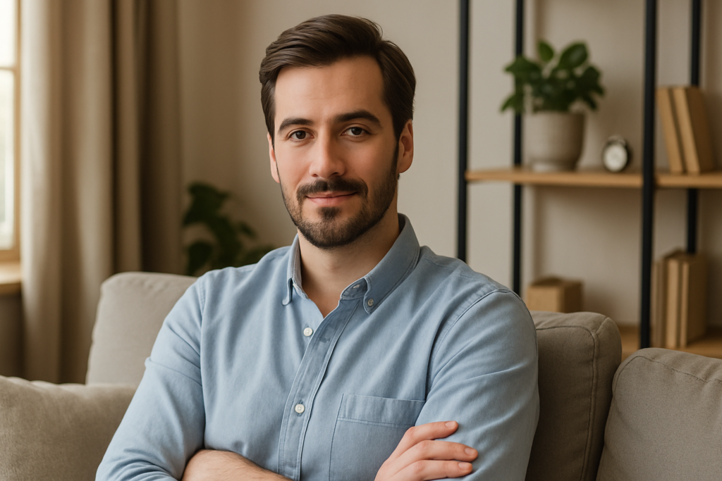 A confident introverted man with folded arms sitting on a couch, smiling calmly in a cozy living room. Dating tips for introverted men.