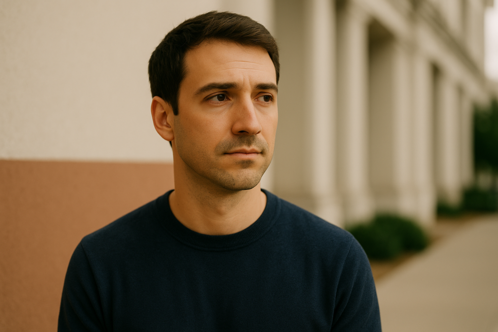 A thoughtful man standing outdoors with a calm expression, symbolizing the difference between shyness vs introversion in dating.