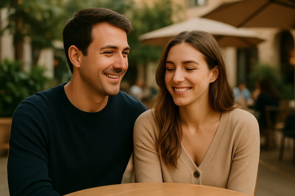A smiling couple sitting at an outdoor café, relaxed and at ease, representing how to feel comfortable on a date through authenticity and connection.