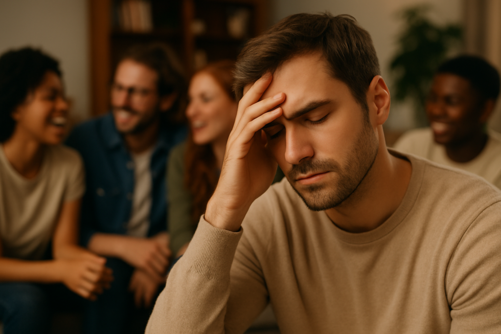 A man looking tired with his hand on his forehead while friends laugh together in the background, symbolizing feeling drained after social interactions.