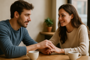 A man gently holding a woman’s hands across a table in a café, displaying how to show interest without being fake.