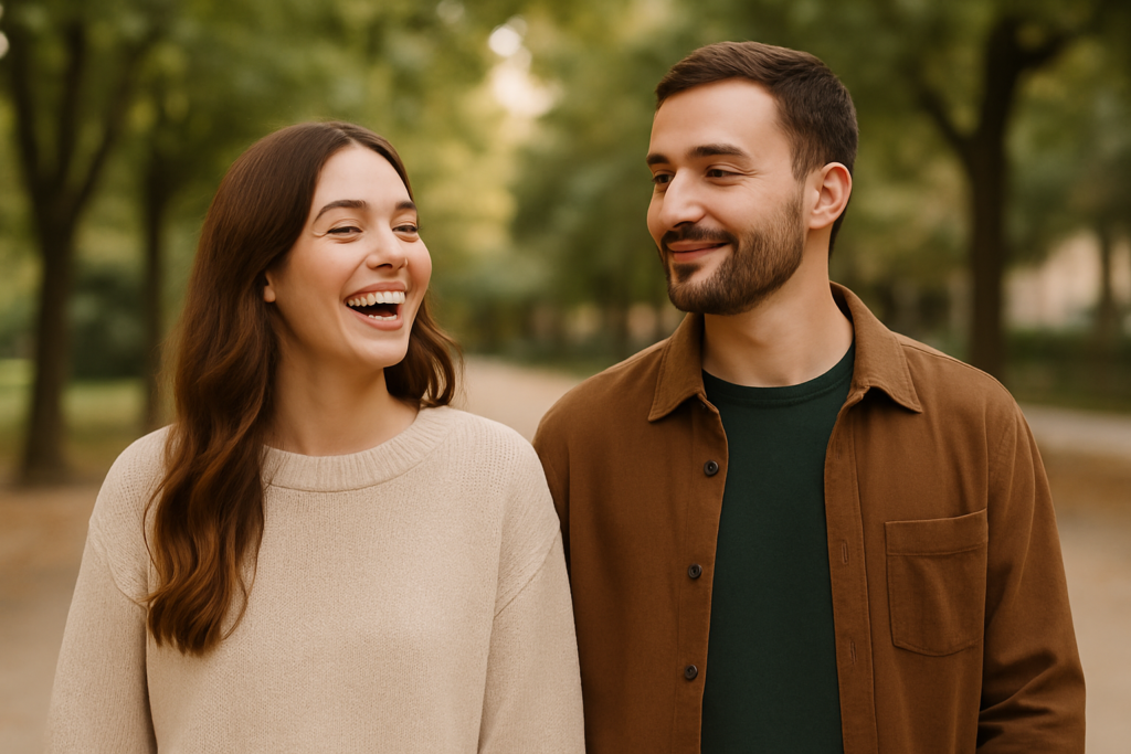 A couple walking outdoors, the woman laughing while the man looks calm and happy, embodying the calm grounded man women feel safe with.