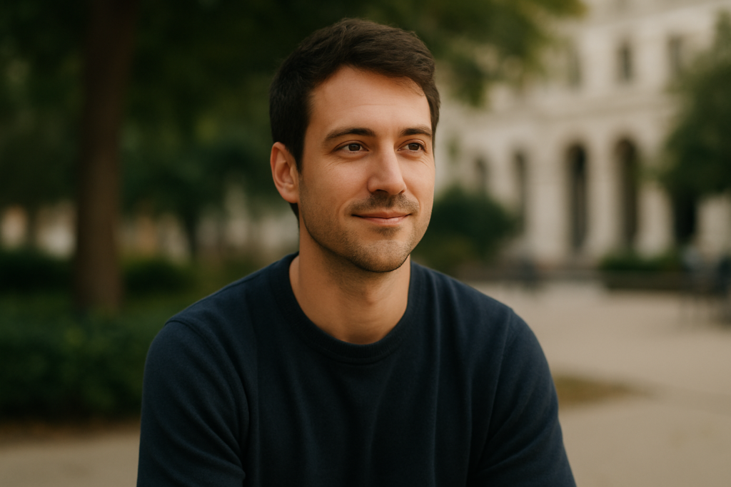 An introverted man sitting outdoors with a calm expression, representing quiet confidence in dating through relaxed body language and grounded energy.